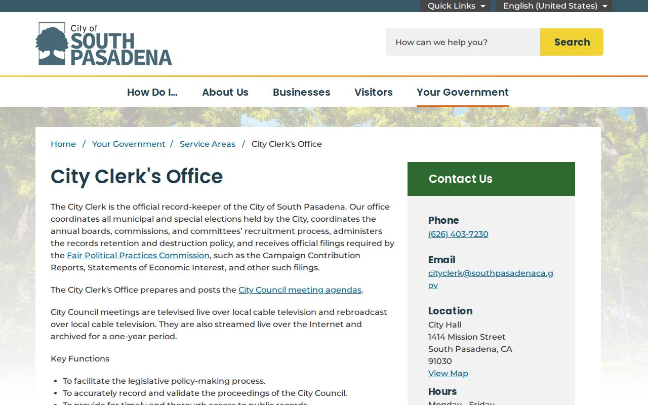 South Pasadena directory City Clerk records custodian page